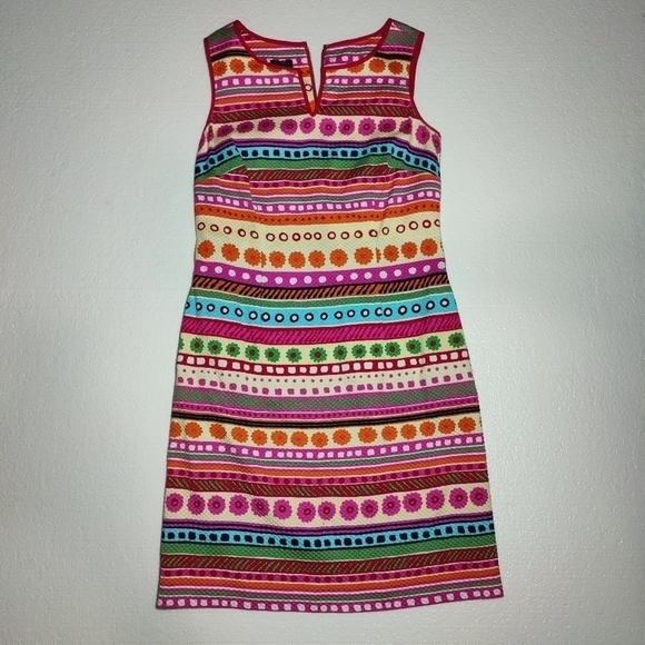 Talbots Colorful Striped Floral  Print Sleeveless Textured Shift Dress.Size 8. - Picture 3 of 12